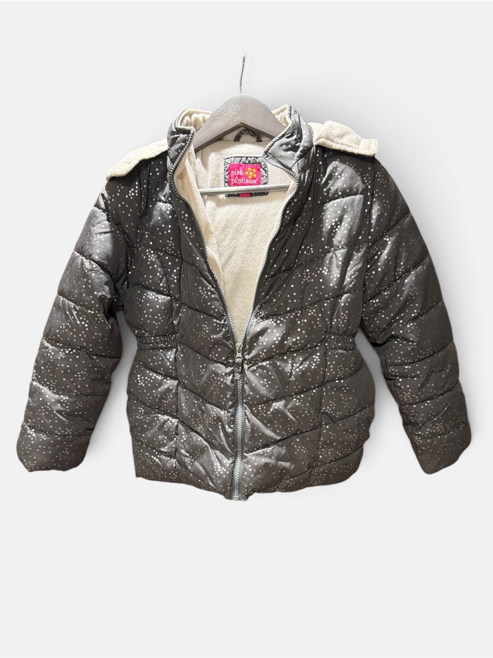 Pink Platinum Metallic Silver Quilted Puffer Jacket with Sherpa Lining